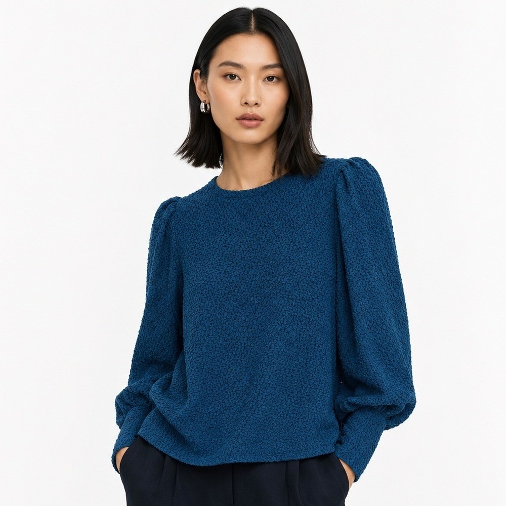 Les Serein Teal Blue Textured Popcorn‎ Knit Puff Sleeve Blouse Top Large NEW